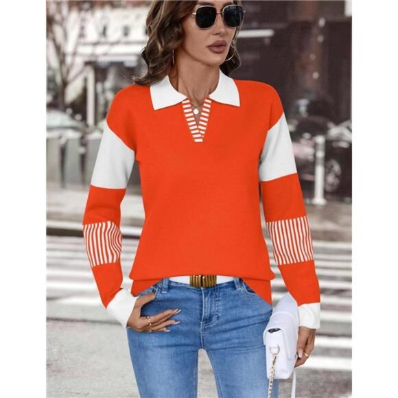 Womens V Neck Sweater Long Sleeve Color Block Striped Knitted Pullover Top - Picture 3 of 6